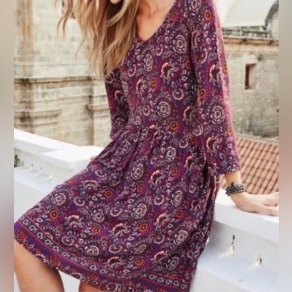 Garnet Hill Drop Waist Boho Floral Long Sleeve Mini Dress
